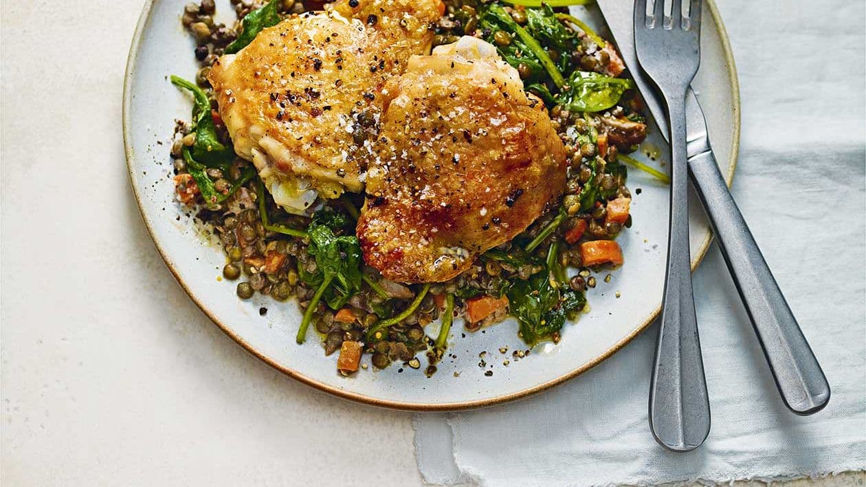 Crispy chicken thighs with mustardy lentils