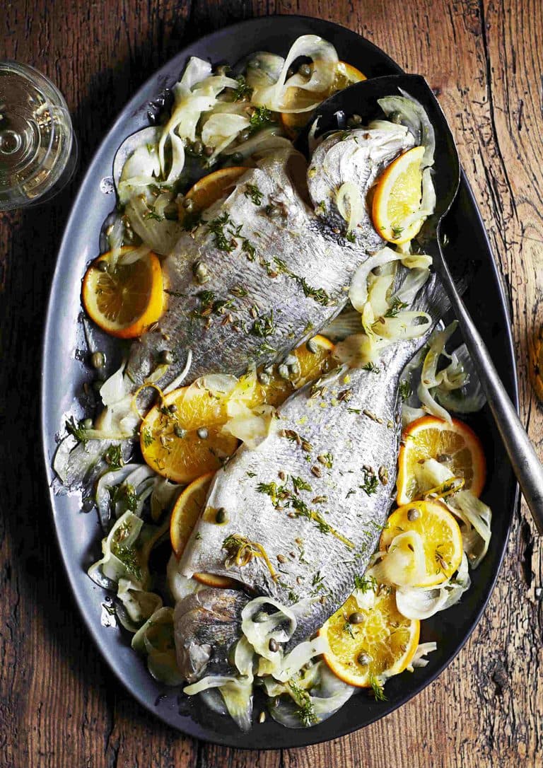 Roast fennel-stuffed bream with fennel seed and orange oil