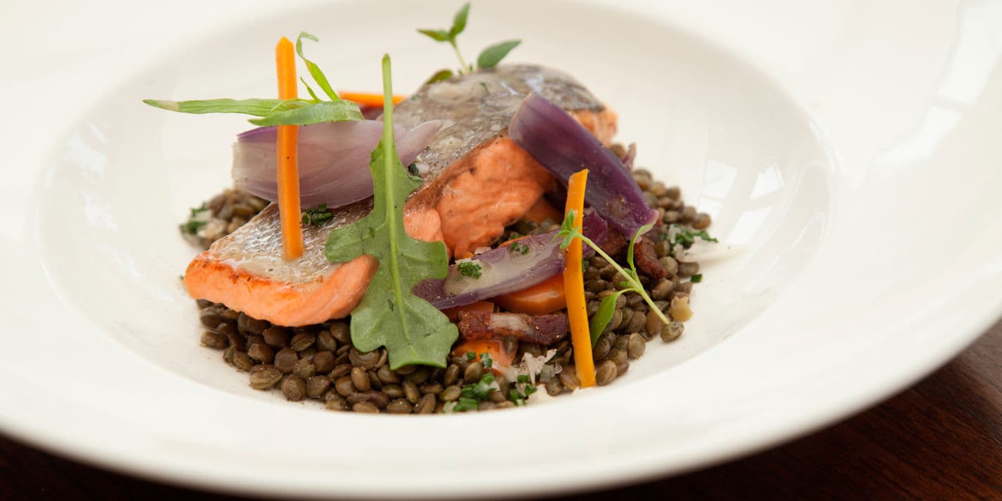 Pan-roasted Fjord Trout with lentils, crispy bacon and chervil